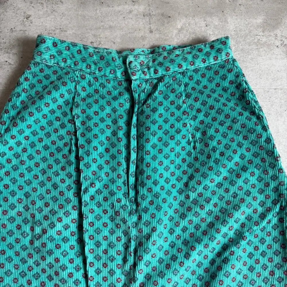 Vintage long, turquoise, geometric-patterned corduroy maxi skirt size 5/6